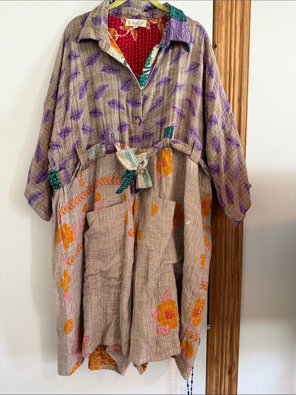 Bohemian Patchwork Romper Dress in Purple & Beige